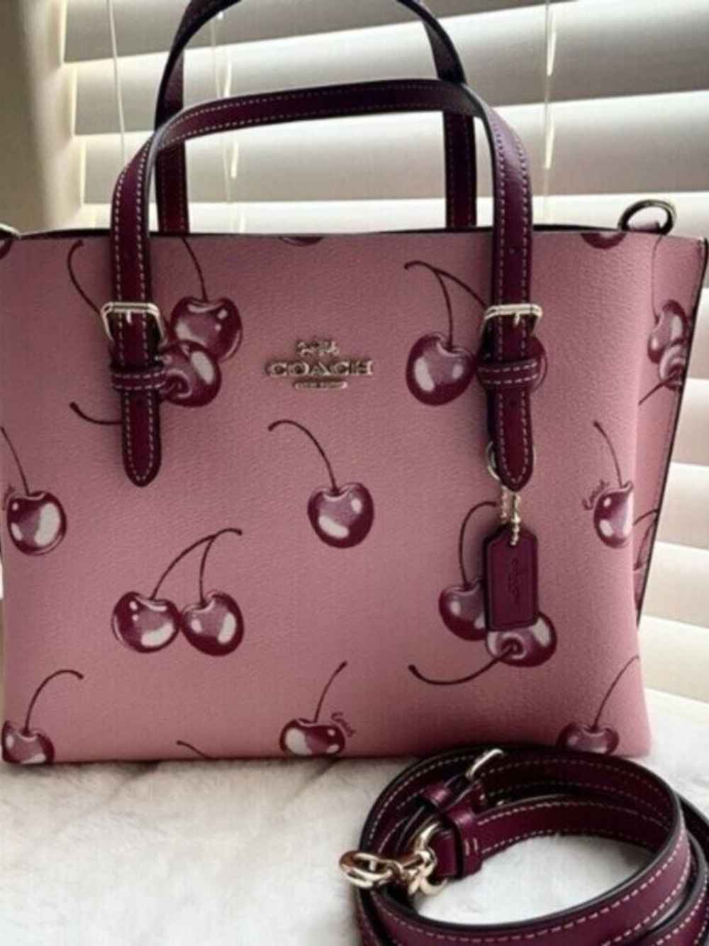 Coach Pink Cherry Print Leather Satchel with Dark Berry Accents